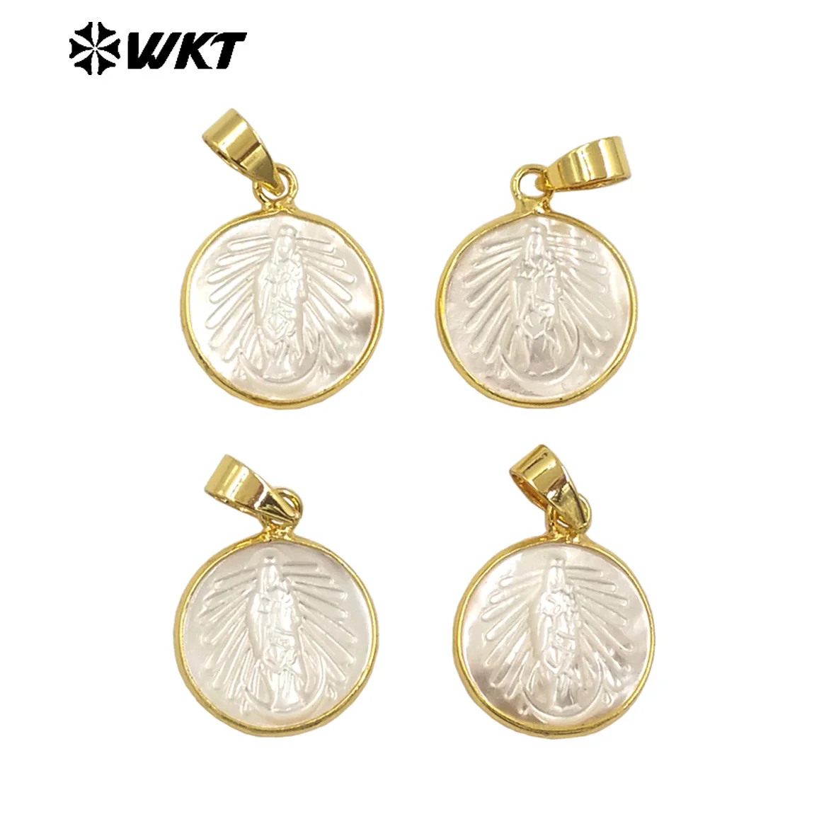 WT-JP373 Wholesale Fashion 16mm Gold Bezel Around Mother Of Pearl Shell Carved Religious Jewelry Pendant For Gift
