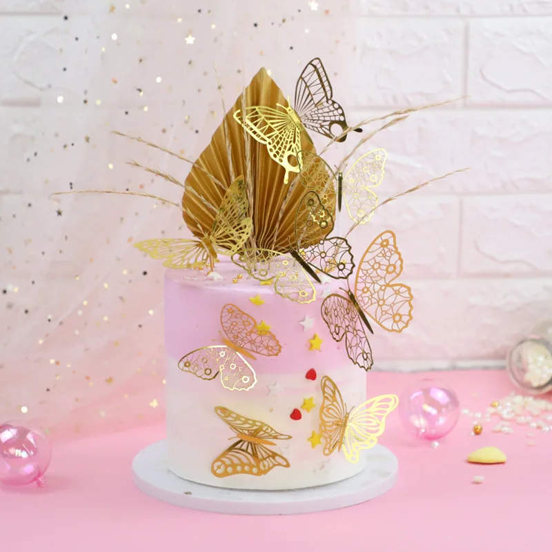 Gold Butterfly Cake Topper Happy Birthday Anniversary Cupcake Toppers Wedding Kids Party Decor Baby Shower Baking Supplies DIY