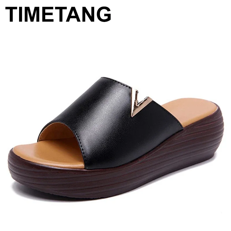 

TIMETANGOpen Head Platform Wedges Women Shoes Summer Slippers 2019 Medium Heel Wedge Slips Ladies Beach Slippers Casual Slippers