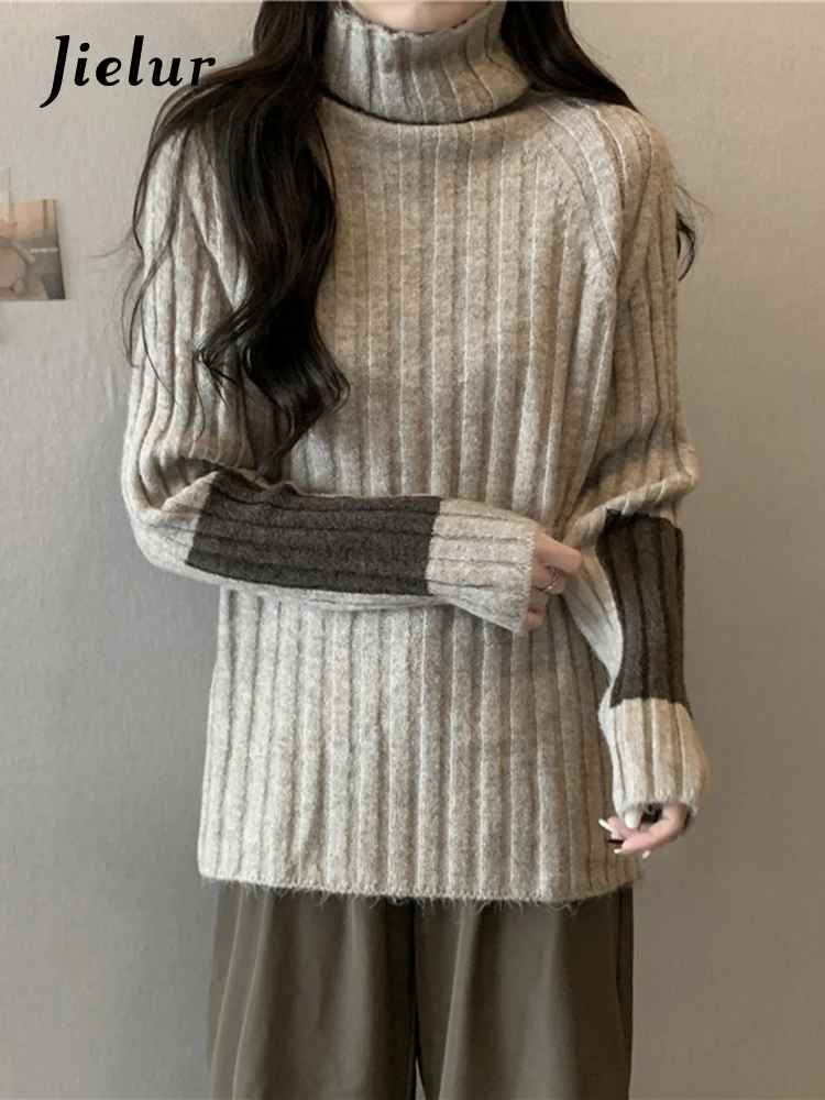 

Jielur Autumn Winter New Simple Basic Pullovers Woman Casual Solid Color Slim Chic Pullovers Female Black Grey Loose Fashion Top
