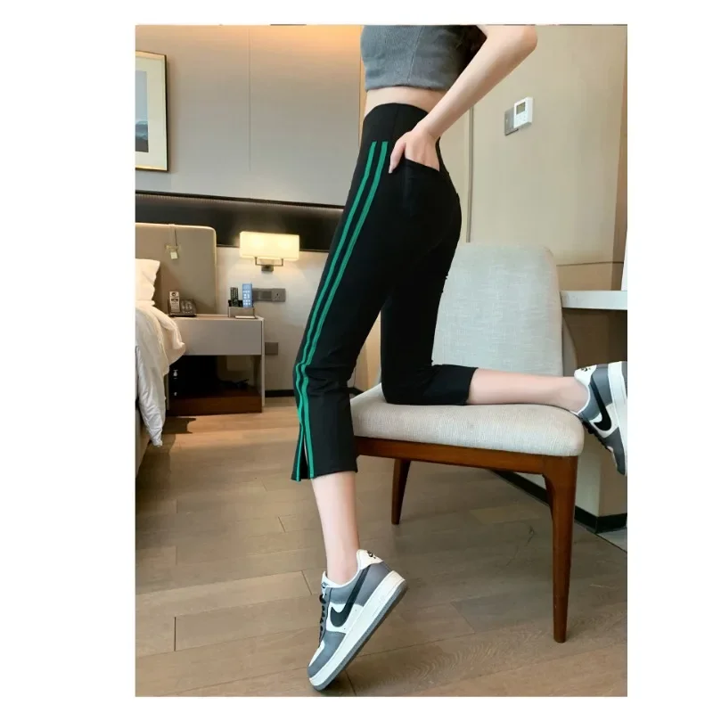 Summer New Thin Breathable Women\'s Yoga Pants High Waist Split Flare Pants Casual Capris Fashion Streetwear