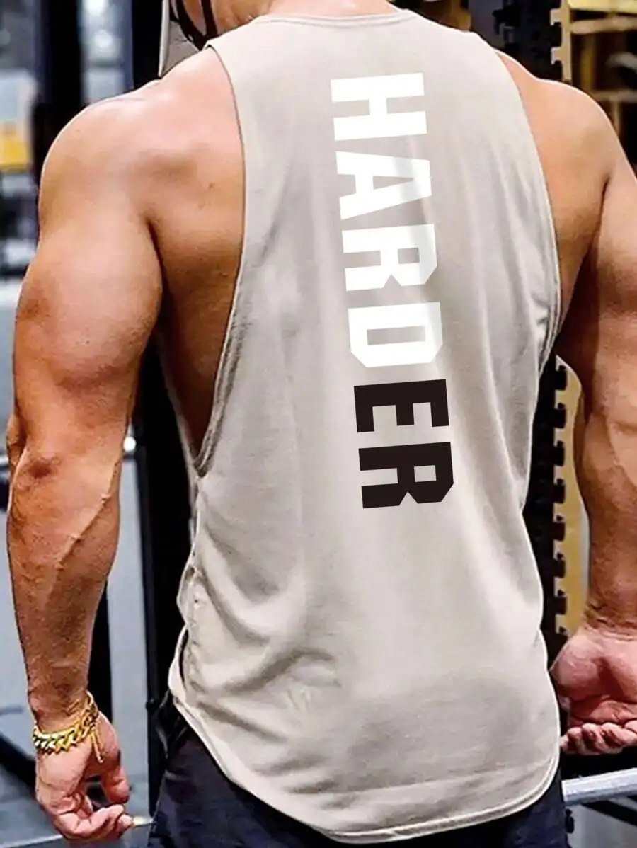

Мужская свободная майка с графическим принтом и вертикальными надписями для спортзала и повседневной носки