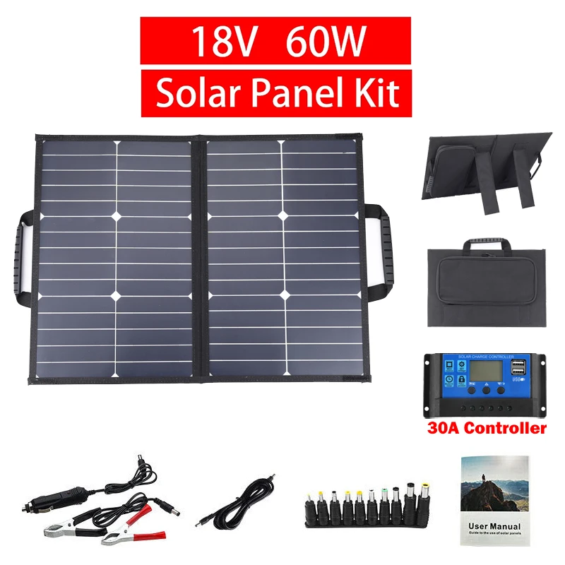 

18V 60W Foldable Solar Panel Kit with 12V 24V Controller Solar Panel Double Fast Charge TypeC+DC for House Camping Travel