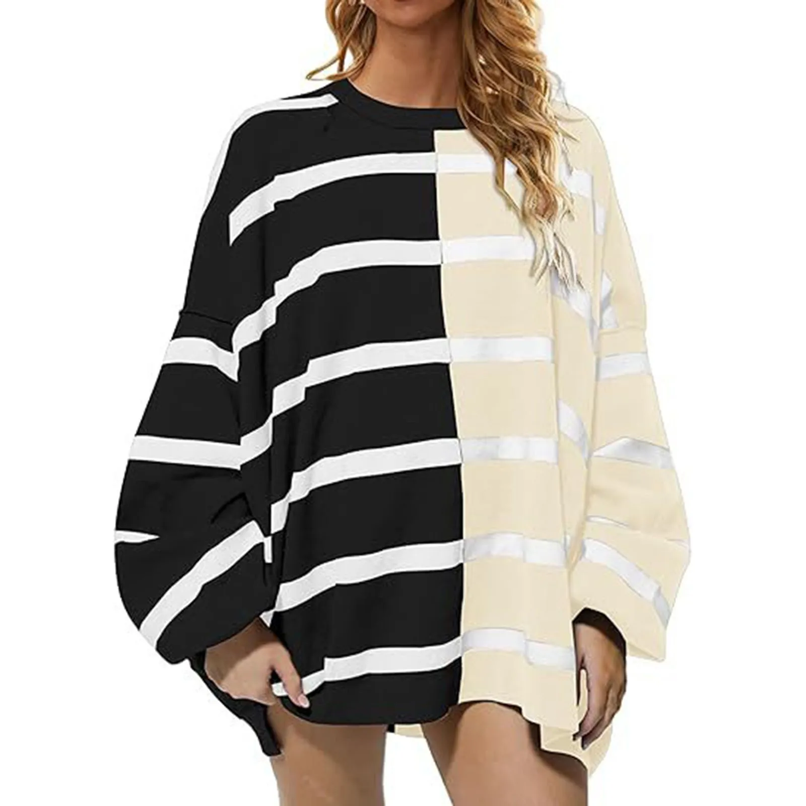 Womens Oversized Pullover Sweater Casual Loose Long Sleeve Color Block Round Neck Knit Sweaters Tops Hood Sweatshirt Women