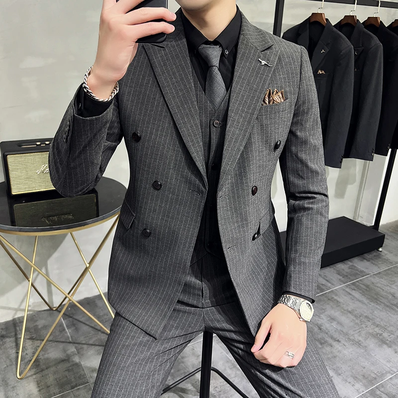 ( Blazer+Vest+Pants ) Groom Wedding Male Suit Luxury Brand Fashion Striped Men\'s Casual Business Office Double Breasted Suit