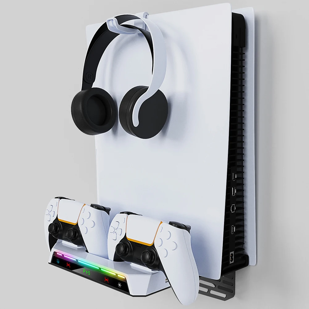 Shelf Floating Mount for PS5/PS5 Slim Disc & Digital Console with Dual Controller Charger RGB Light Wall Stand W/ Headset Holder