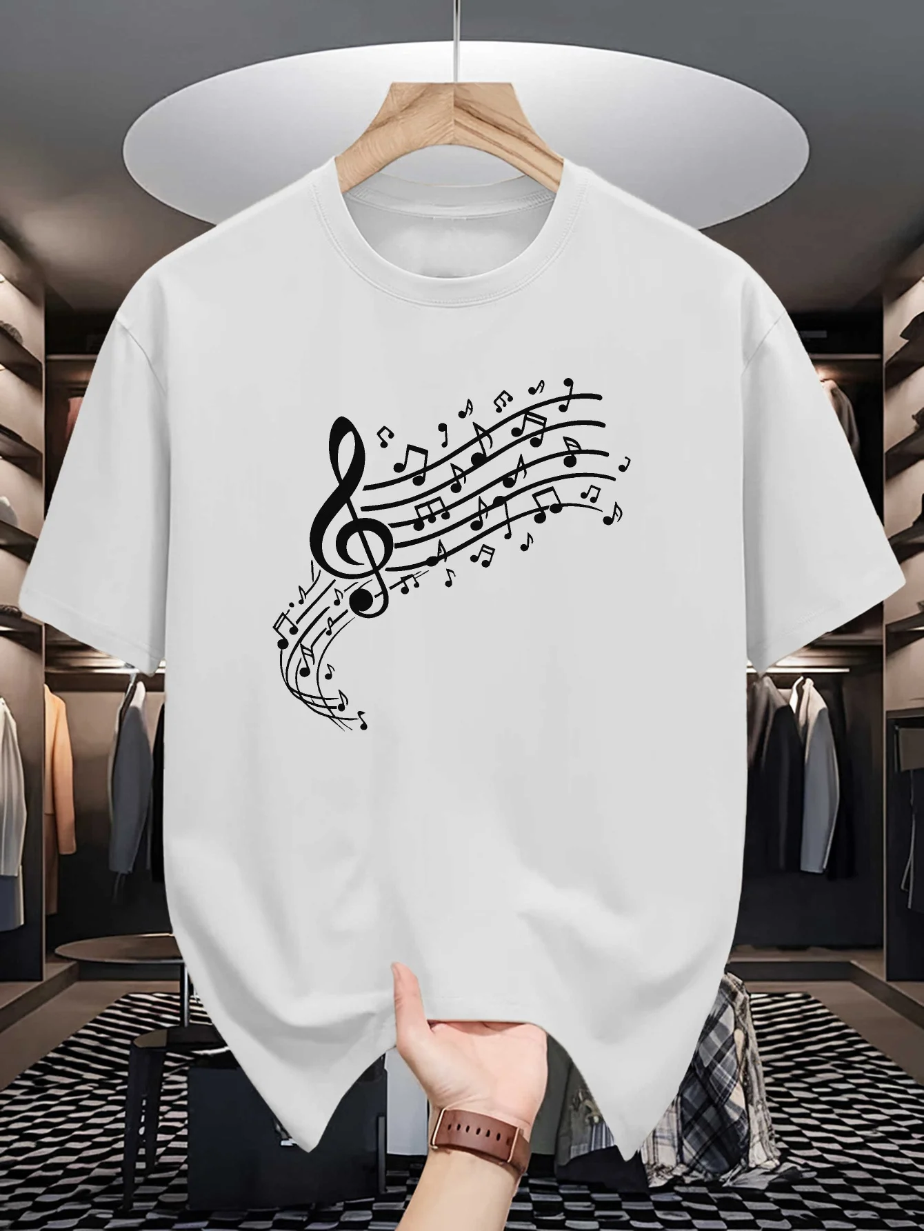 Mens Crew Neck T Shirt Classic Treble Floating Musical Notes Art Graphic Short Sleeve Casual Cotton Music Lover Streetwear Tees