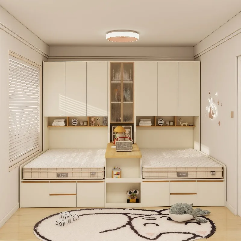 Non-interfering double bed, middle partition storage bed, small apartment tatami bed, wardrobe and desk integrated combination