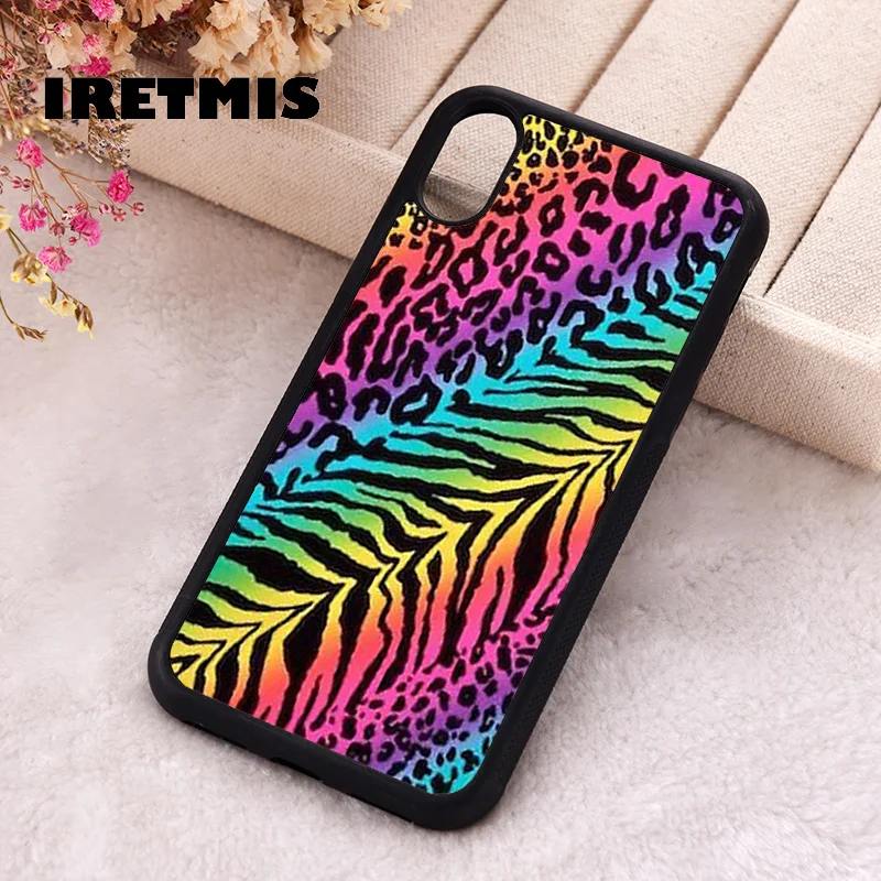 Iretmis Phone Cover Case For iPhone X XS Max XR 11 12 13 PRO MINI 14 15 16 Plus Rubber Silicone Rainbow Zebra Cheetah