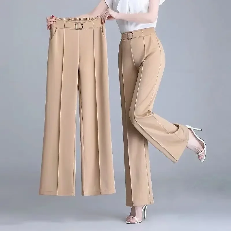 Eleganckie modne spodnie damskie z paskiem do biura 2025 Wiosna Lato Wysokie kieszenie w talii Wszystkie dopasowane spodnie z szerokimi nogawkami 4XL