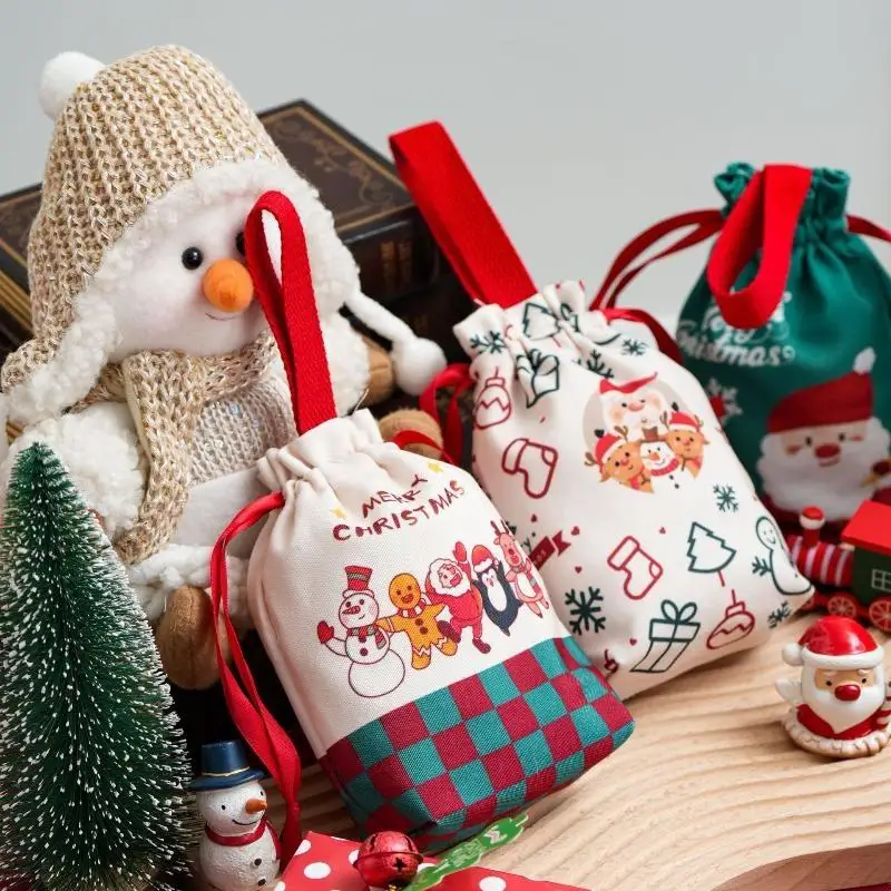 Christmas Canvas Storage Bag Drawstring Gift Bag Holiday Decorative Packaging Green White Plaid Floral