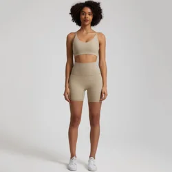 Solid Color Soft Women Sport Suit High Waist Shorts Cross Fitness Bra 2pc Short Legging Yoga Set Gym Workout Training Hollow Out