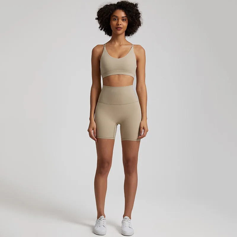 Solid Color Soft Women Sport Suit High Waist Shorts Cross Fitness Bra 2pc Short Legging Yoga Set Gym Workout Training Hollow Out