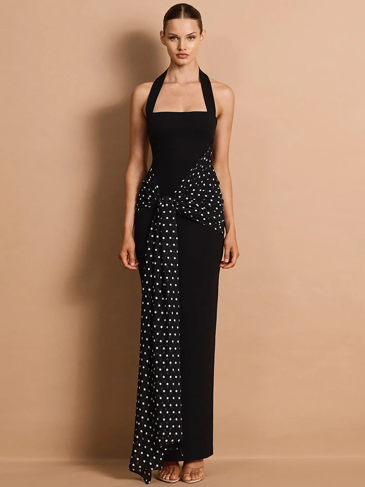 

Mozision Polka Dot Backless Sexy Maxi Dress Women Elegant Halter Sleeveless Draped Ruched Waist Bodycon Club Party Dresses