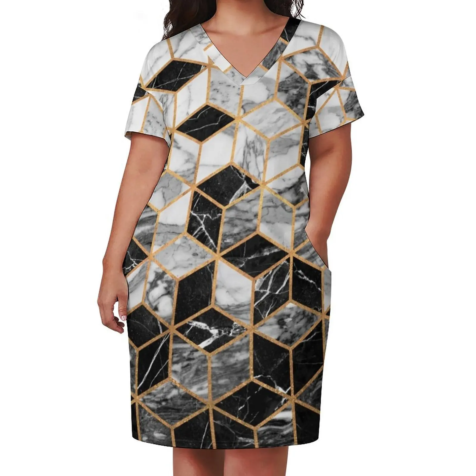 Marble Cubes - Black and White Loose Pocket Dress dresses for womens 2025 dress for women 2025