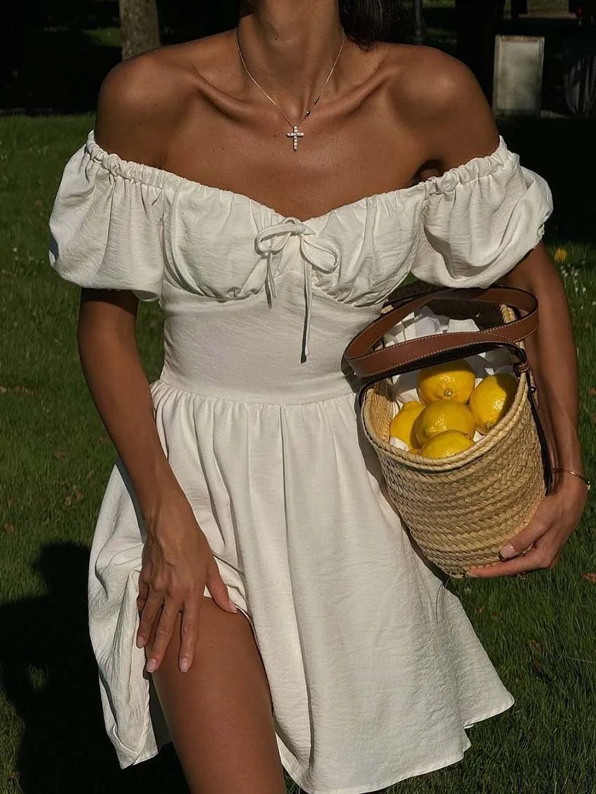 

Oymimi Summer White Strapless Womens Dresses Fashion Lace-Up Short Sleeve Zipper Dresses Casual High Waist Pleated Mini Dress