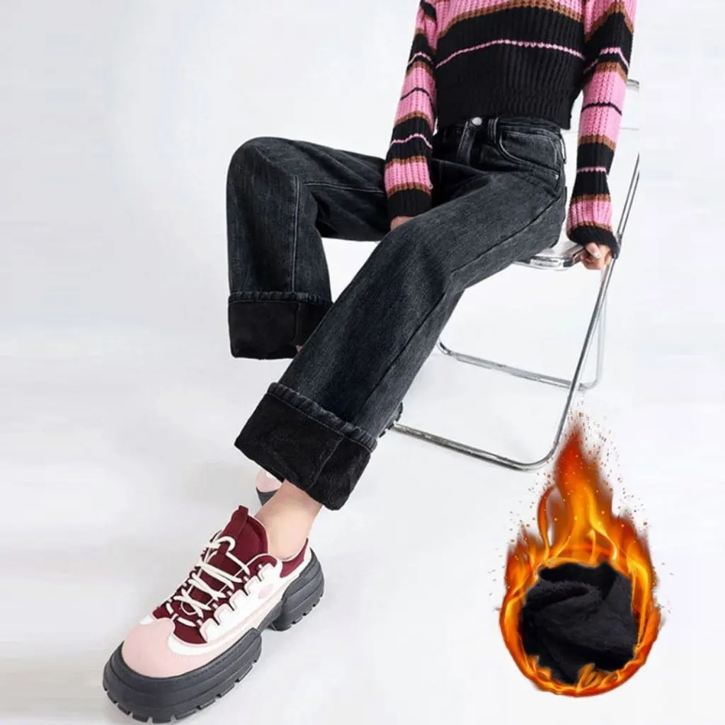 

Женские джинсы на флисовой подкладке с высокой талией, свободные прямые толстые теплые широкие длинные брюки, корейский стиль, осенне-зимняя мода