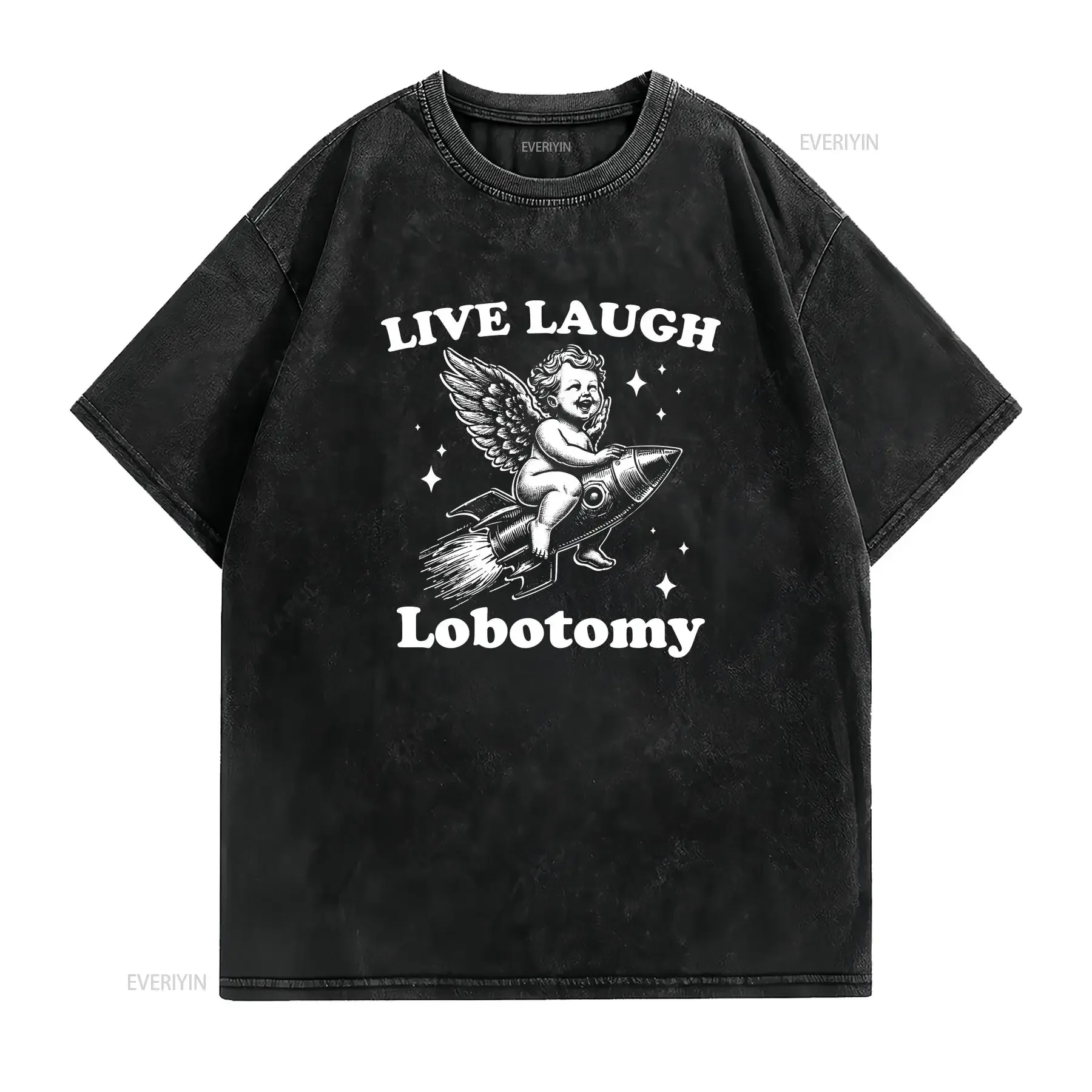 Live Laugh Lobotomy Angel Riding Rocket Mental Health Cotton T Shirt vintage Washed Versatile graphic Slightly Soft Comfortable