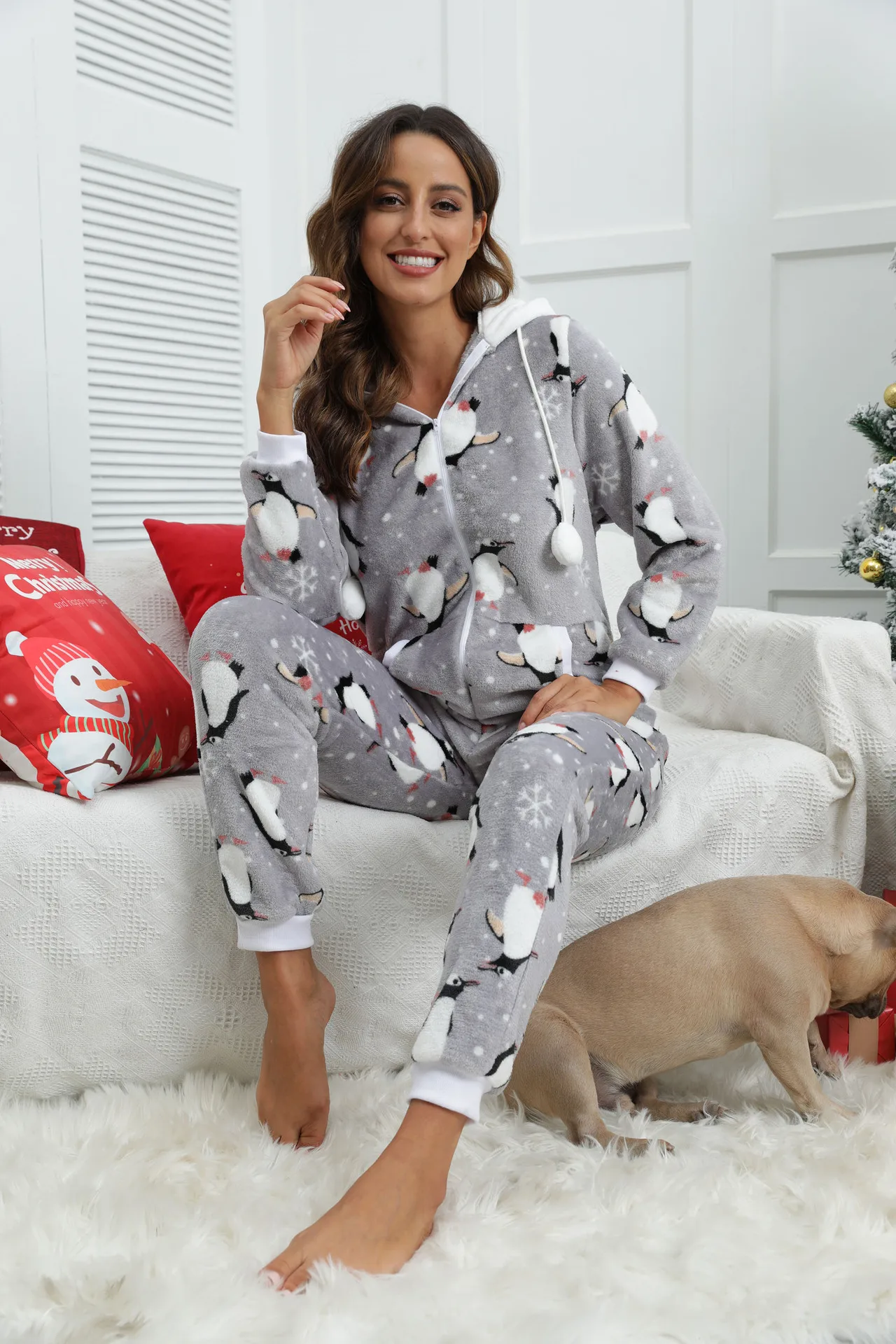 2022 Women Grey Flannel Penguin Print Pajamas Costumes Winter Adults Hooded Onesies Jumpsuits