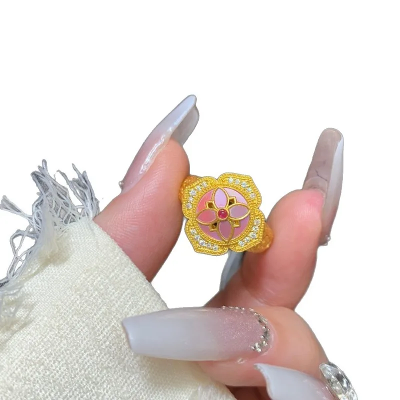 خاتم زهر الخوخ الوردي من المينا في العصور الوسطى للنساء، مجموعة ألماس ذهبية اللولبية، مجوهرات عصرية خفيفة فاخرة على طراز المحكمة