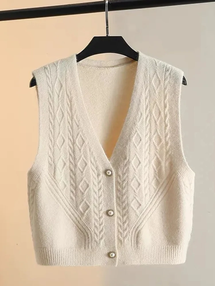 

Весенне-осенний женский вязаный жилет однотонного цвета, свободный кардиган с V-образным вырезом, верхняя одежда в корейском стиле для повседневной носки