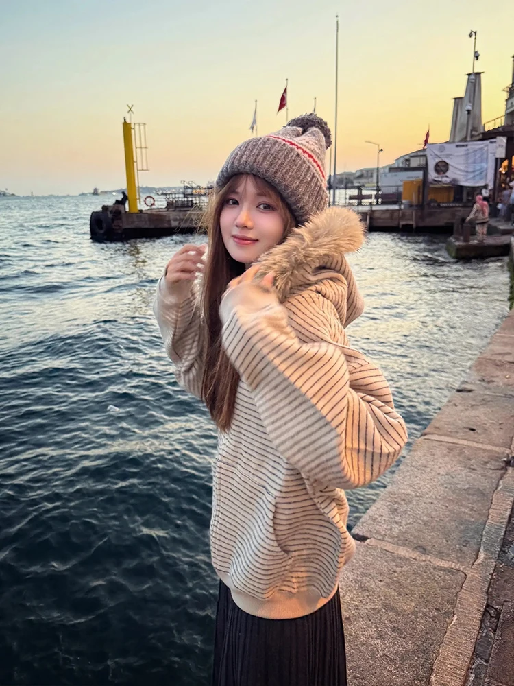 

American Sle Hooded Stripe Sweatirt Women's Faion Autumn Wear Chic Lazy High Quali Couple Open Cardigan Coat