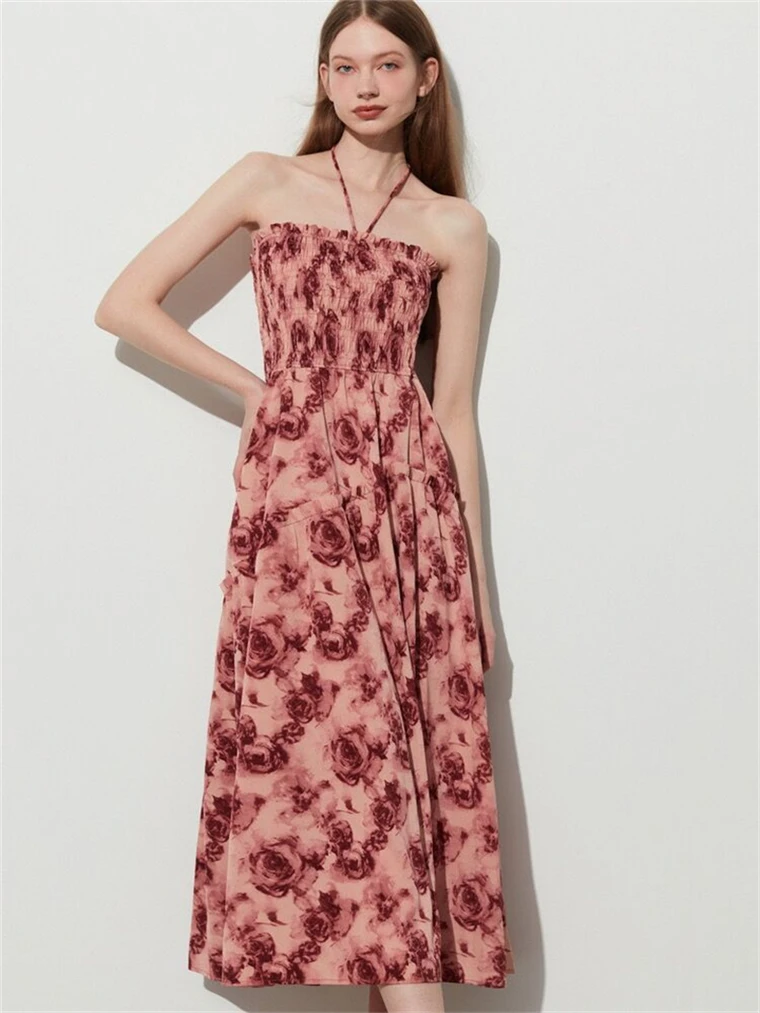 Bloemenprint Verstoorde Halter Lange Jurk 2023 Zomer Nieuwe Slanke Mouwloze Patry Strand Stijl Spaghetti Jurk Vrouwen Vestidos
