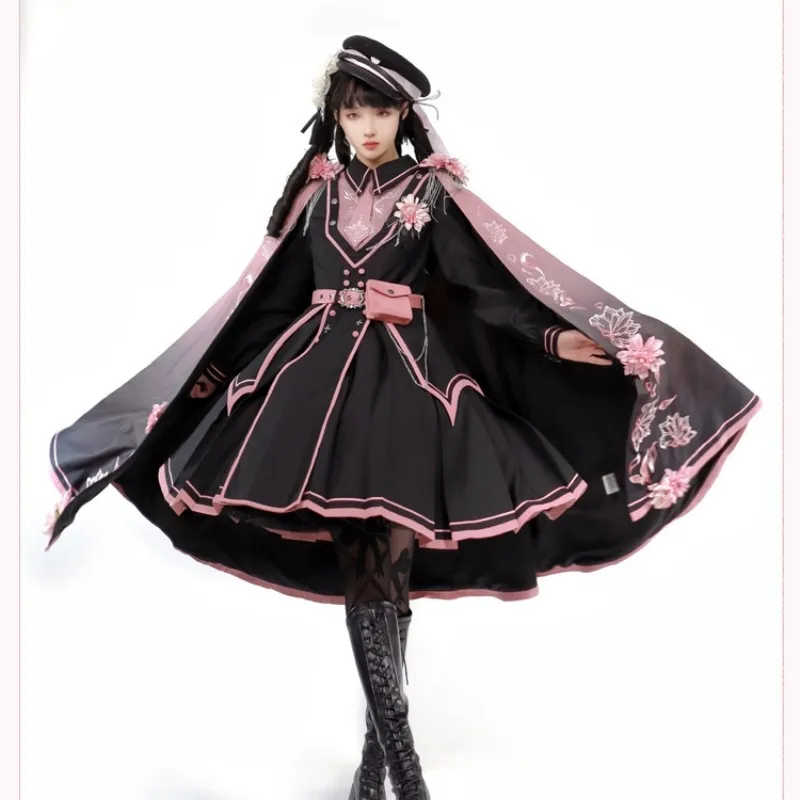 Vintage Gothic Lolita Dress Women Dark Pink Military Style Department Lolita Cloak Coat Shawl Cloak Female Harajuku Party Dress