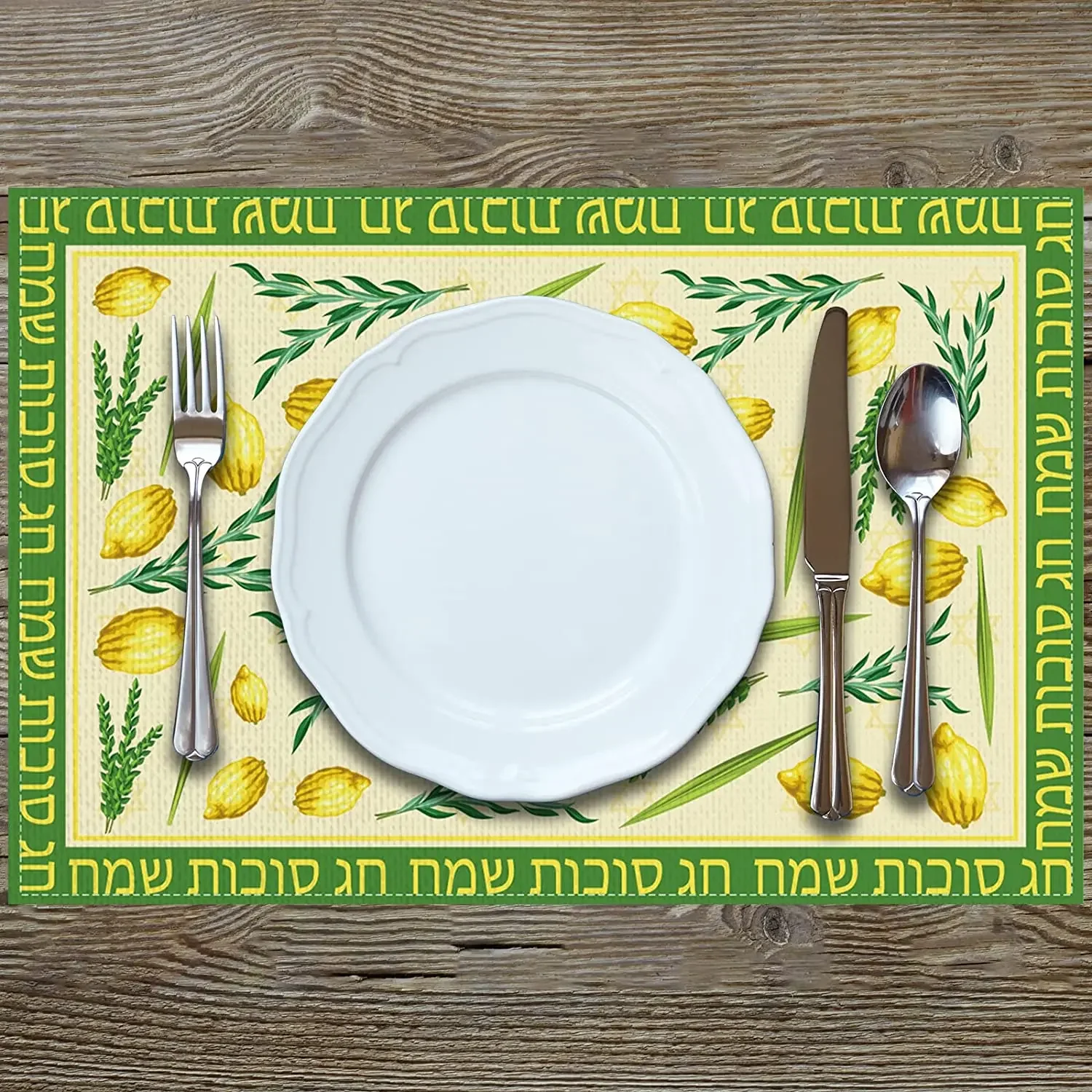 1PC Linen Sukkah Placemats Dining Decoraction Sukkot Table Mats Hebrew Jewish Sukkot Lulav Etrog Decor Sukkah Table Decorations