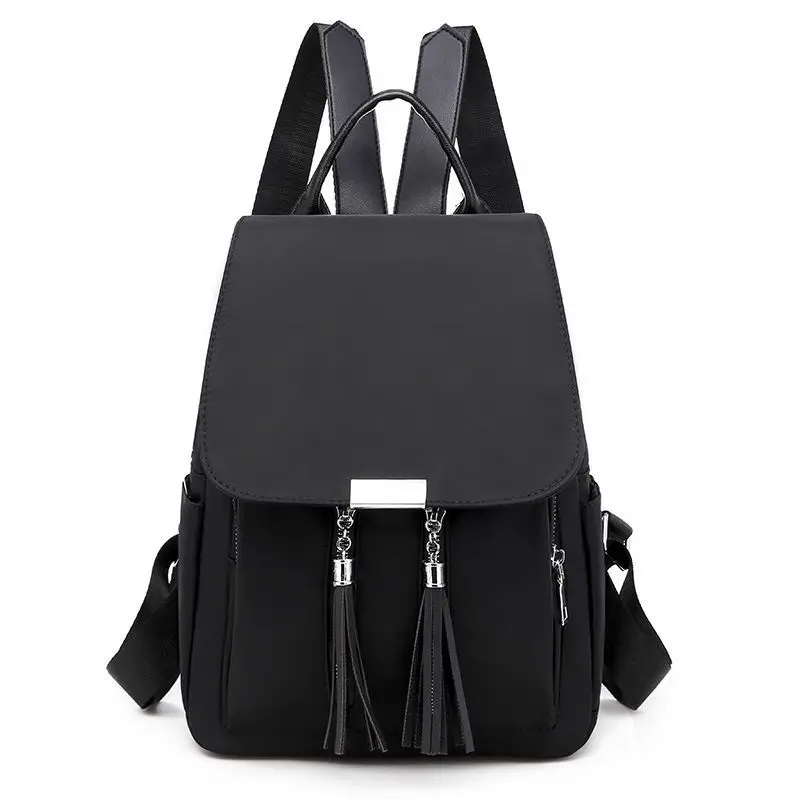 

Fashion Tassel Design Backpack Office Lady Double Shoulder Softback Travel Bag Women Solid Black Oxford Cloth Casual Backpacks