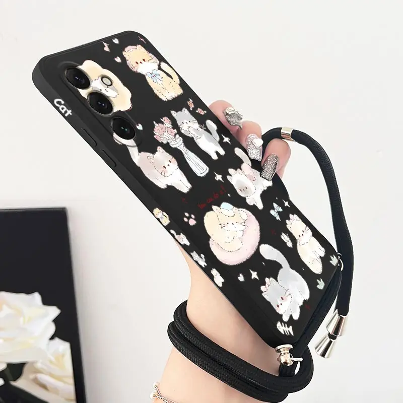 S 24 Delicate Kitten Lanyard Silicone Phone Case For Samsung S24 S24Plus S22 S21FE S22Plus S23Plus S24Ultra S23 S23FE Cover