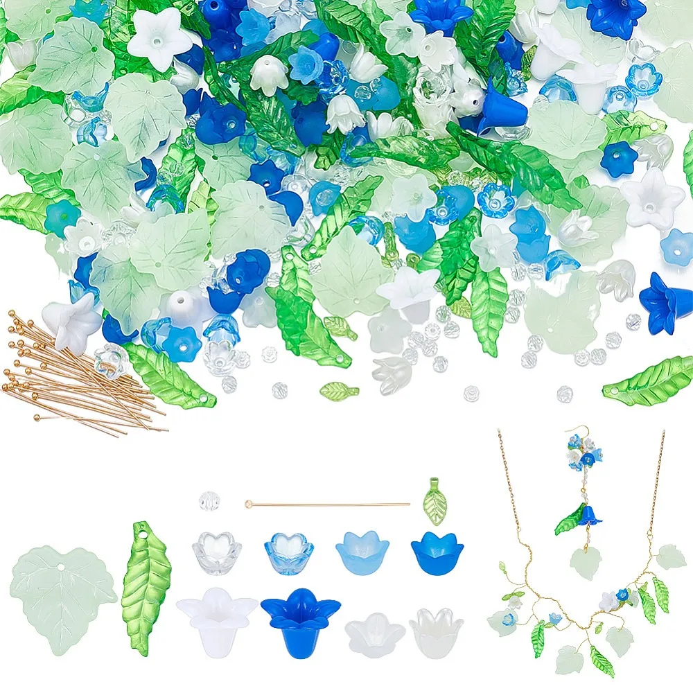 DIY Acrylic Beads Kits include Acrylic Pendants Transparent Acrylic Beads Caps Opaque Acrylic Beads Brass Ball Pins Flower
