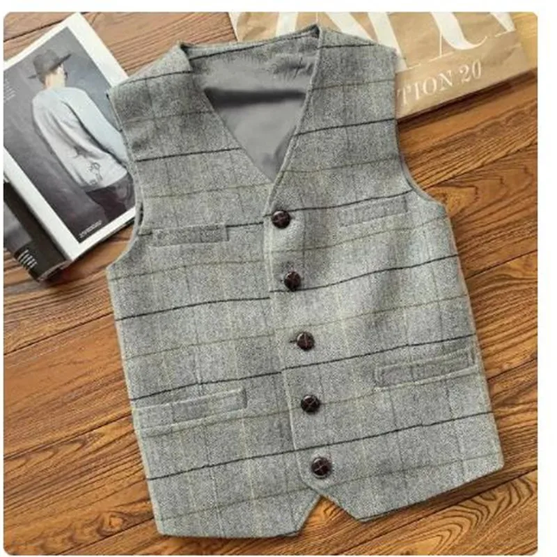 British Vintage Grid Vest Plaid Men\'s Slim Suit Vests Woolen Cloth Herringbone Men Male Tweed Suits Waistcoat Plus Size XXXXL