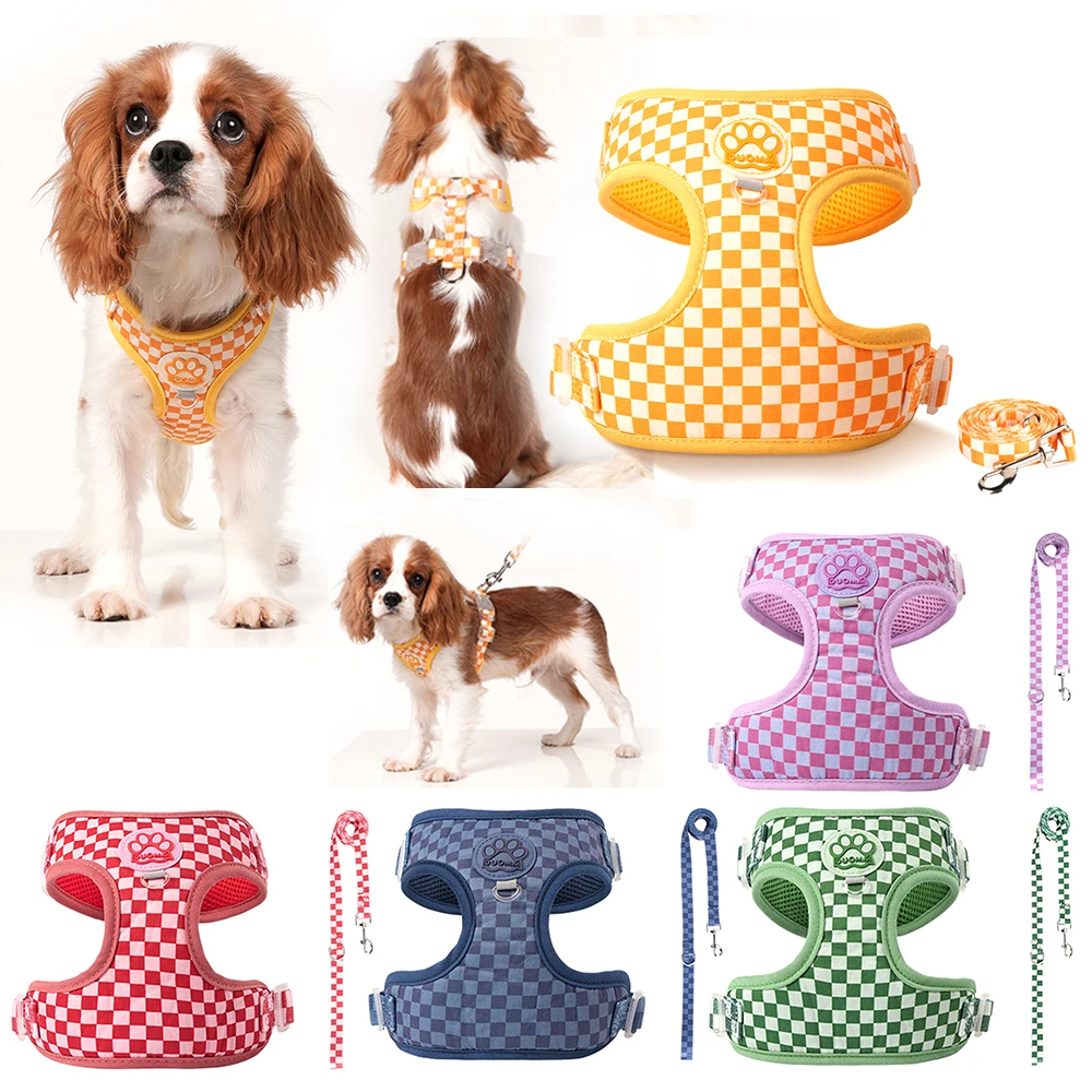 Plaid Dog Harness & Leash Set - Adjustable Soft Padded Vest, Cute Pet Walking Gear For Small Medium Dogs & Cats_voghion.com