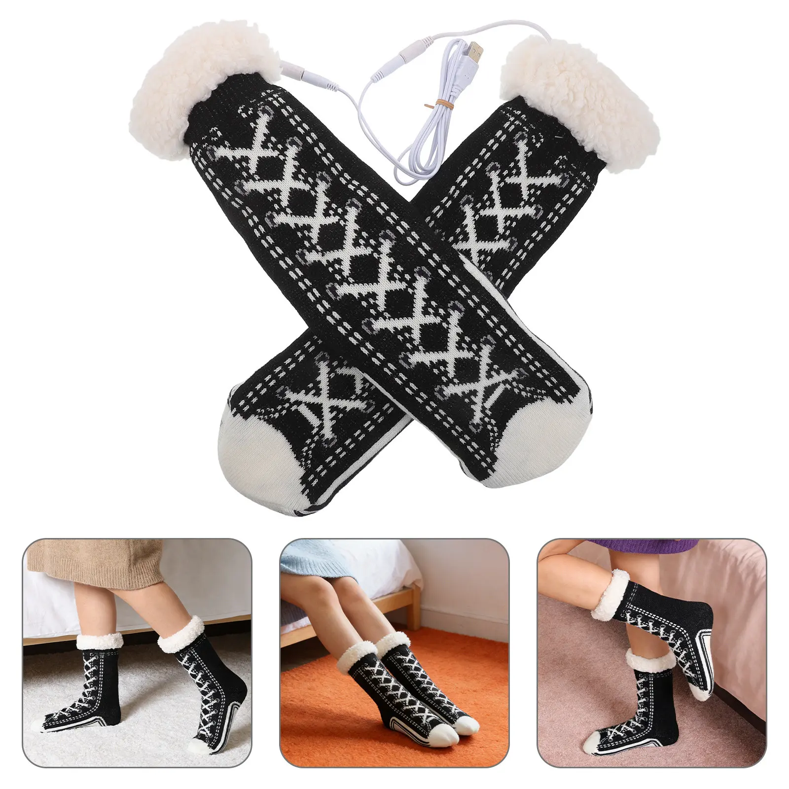 

1Pair USB Electric Heated Socks Soft Knit Leg Warmers Thermal Foot Warmer Anti Slip Comfortable Fit for Men Women Winter
