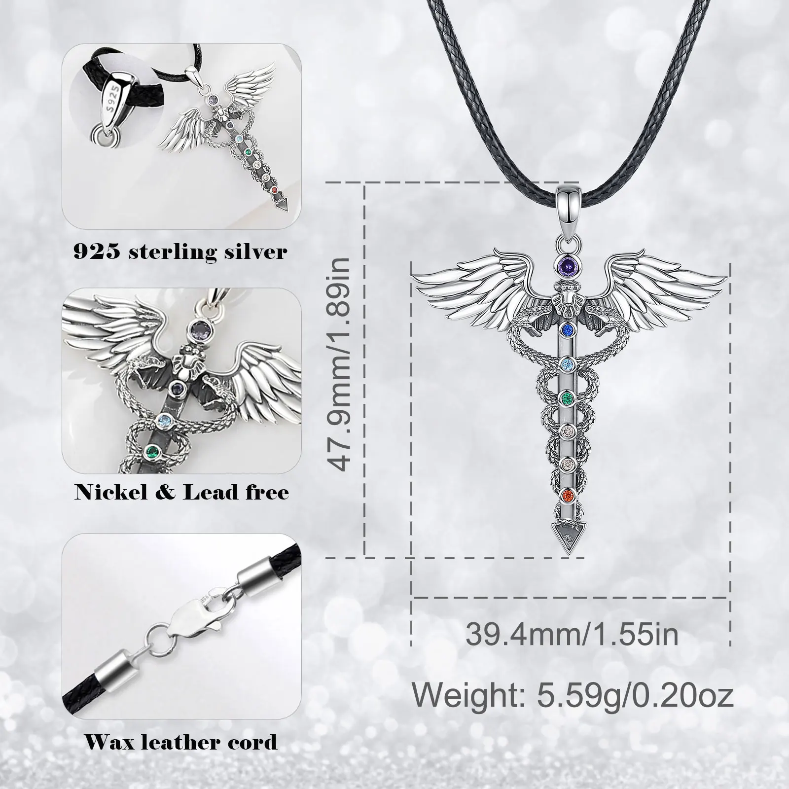 Eudora 925 Sterling Silver Caduceus Necklace for Men Double Snake Wing 7 chakras Pendant Medical Symbol Jewelry Personality Gift