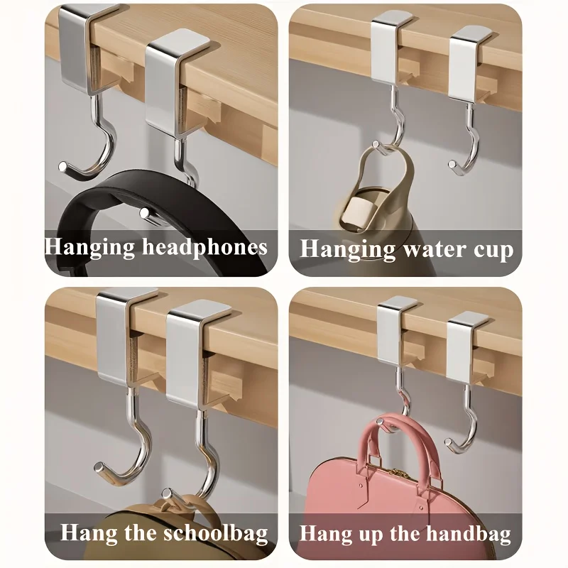 4Pcs Adjustable No Drill Metal Hooks Heavy Duty Reusable Desk Hanger For Bag Cup Clothes Hat Umbrella Fit Desks Multiple Flat Su