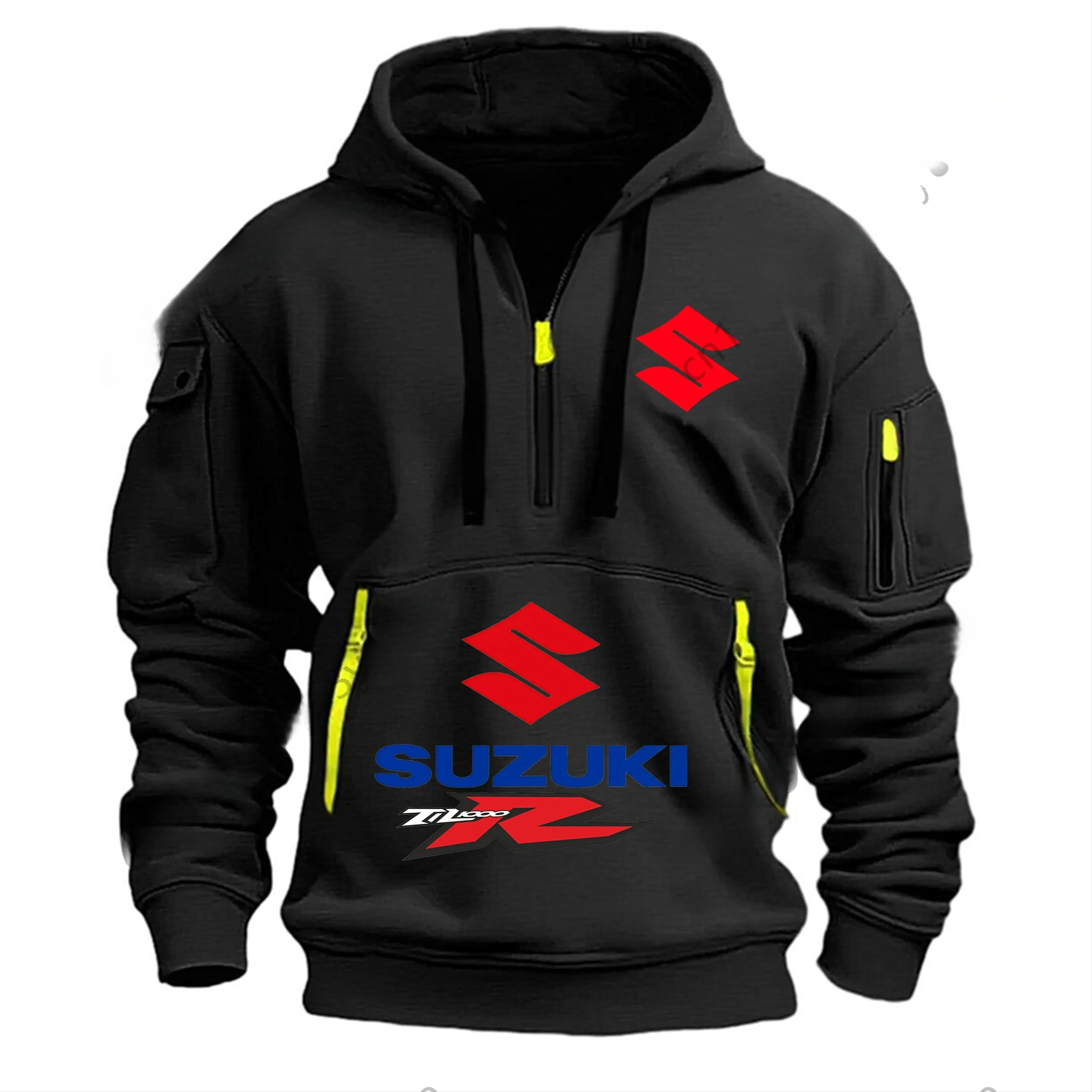 Suzuki Sudadera con capucha de manga larga con media cremallera para hombre, ropa de trabajo, chaqueta deportiva con múltiples bolsillos para correr, fitness y otoño e invierno