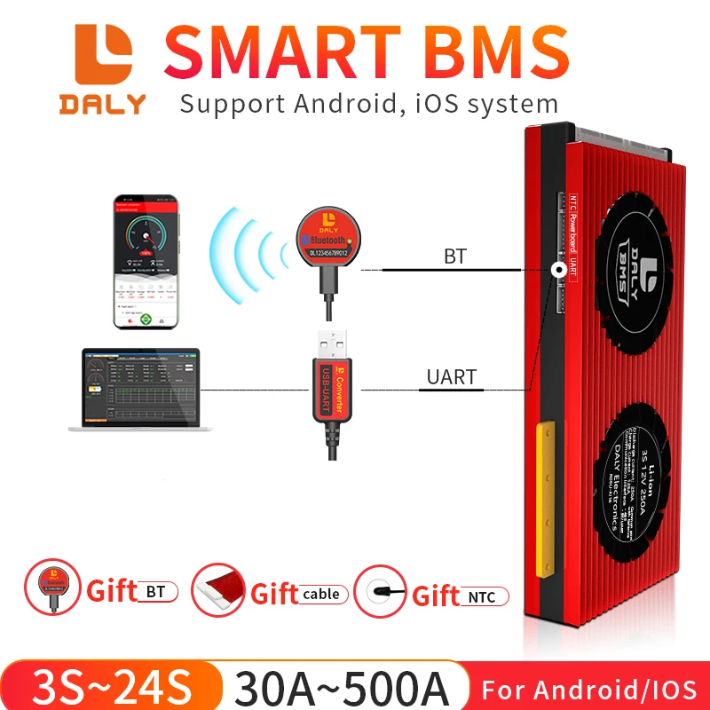 

Daly smart bms balance board LiFePO4 12V 24V 36V 48V 4S 3s 8s 10s 12s 13s 14s 16s 20s 24s LTO Li-ion 100A Fan bluetooth BMS APP