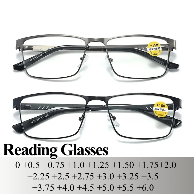 

Men High Quality Blue Light Blocking Prescription Eyeglasses Fashion Reading Glasses Square Metal Frame with +75+125+175+225