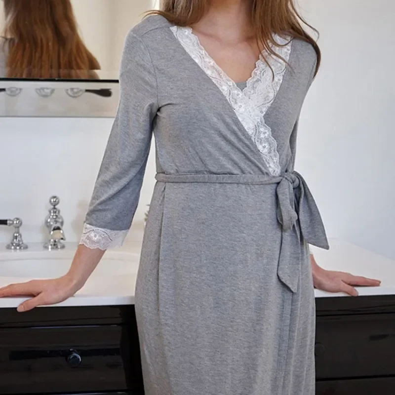 Long Robe Pajamas Fashionable Maternity Dress with Three Quarter Sleeves and Lace Patchwork