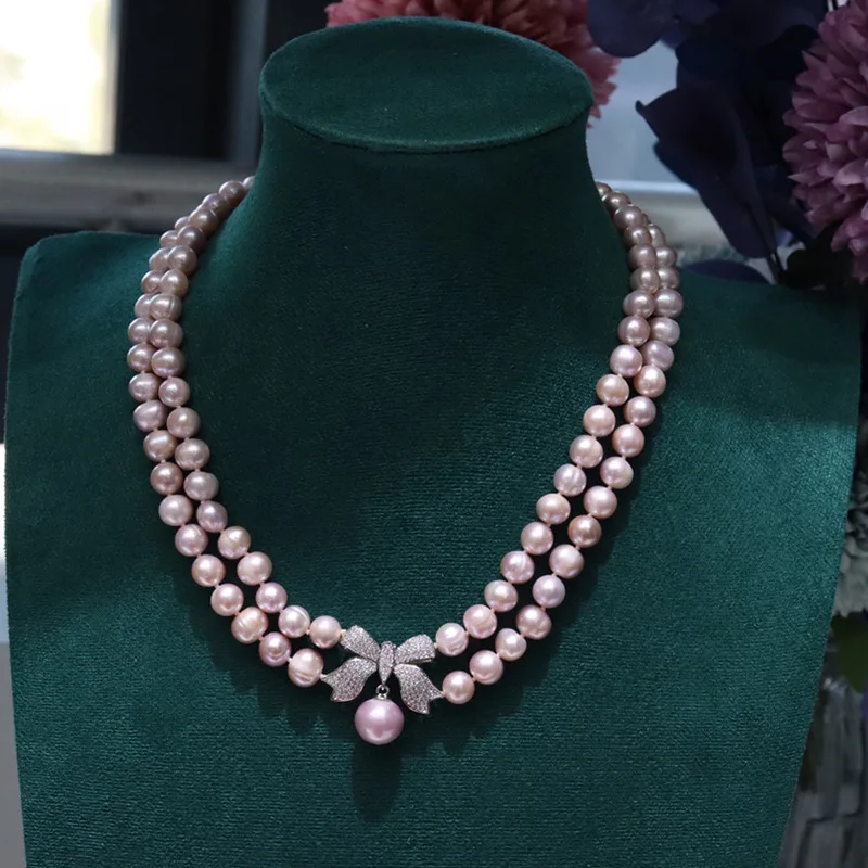 

Винтажное двухслойное жемчужное ожерелье из морской ракушки для женщин, светло-фиолетовое универсальное изысканное ювелирное изделие с бантом на ключице