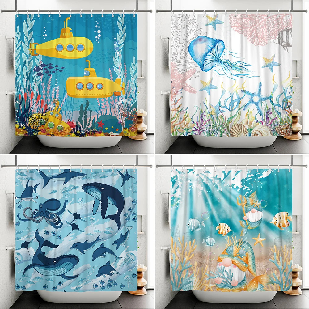 

Underwater World Submarine Starfish Shower Curtain Kids Shell Ocean Whale Pattern Waterproof Bathroom Partitions Hanging Curtain