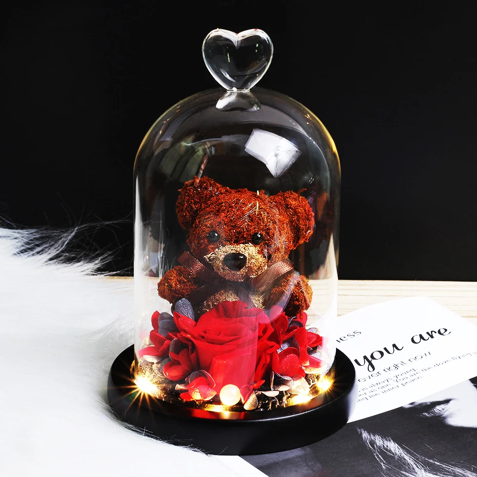 

Eternal Flower Beauty And The Beast Rose Dried Flowers Teddy Led In Glass Dome Decor Wedding Birthday Father Mother's Day Gift