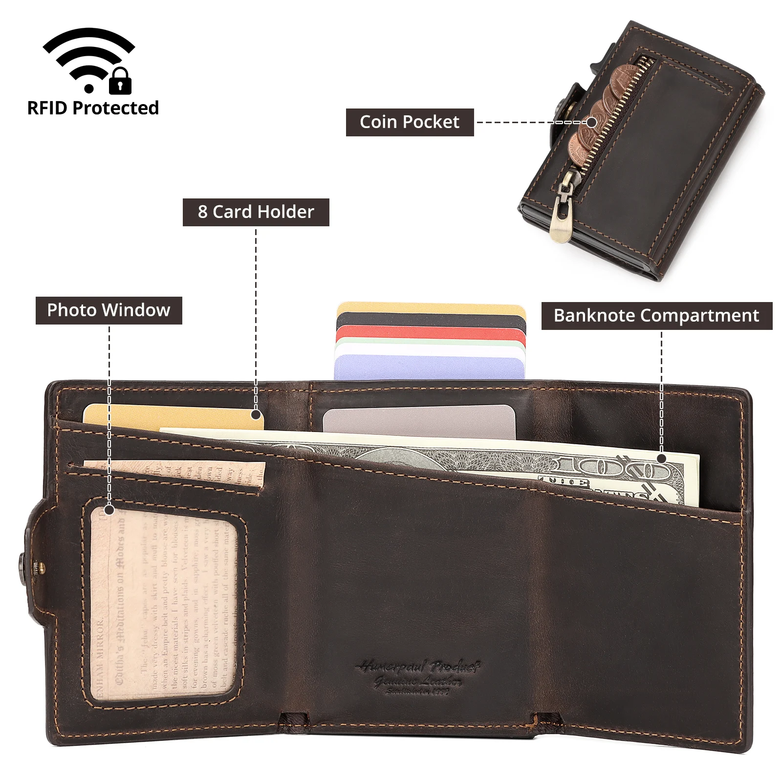 Crazy Horse Leather Apple AirTag Credit Card Holder RFID Protection Pop Up Wallet with Compartment for Notes and Coin Quality