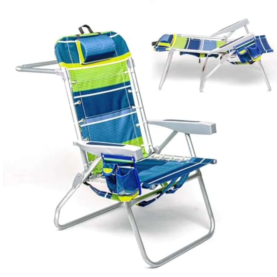 

Beach chair for outdoor use, aluminum frame, key lime color, folding design with 5 reclining positions, towel bar, cooler pouch