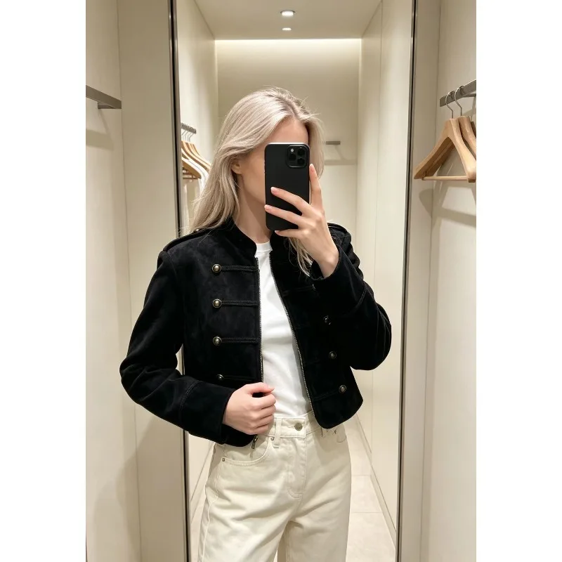 2026Autumn New Women Retro Suede Jacket Stand Collar Double Breasted Button Decor Cropped Napoleon Casual Street Coat