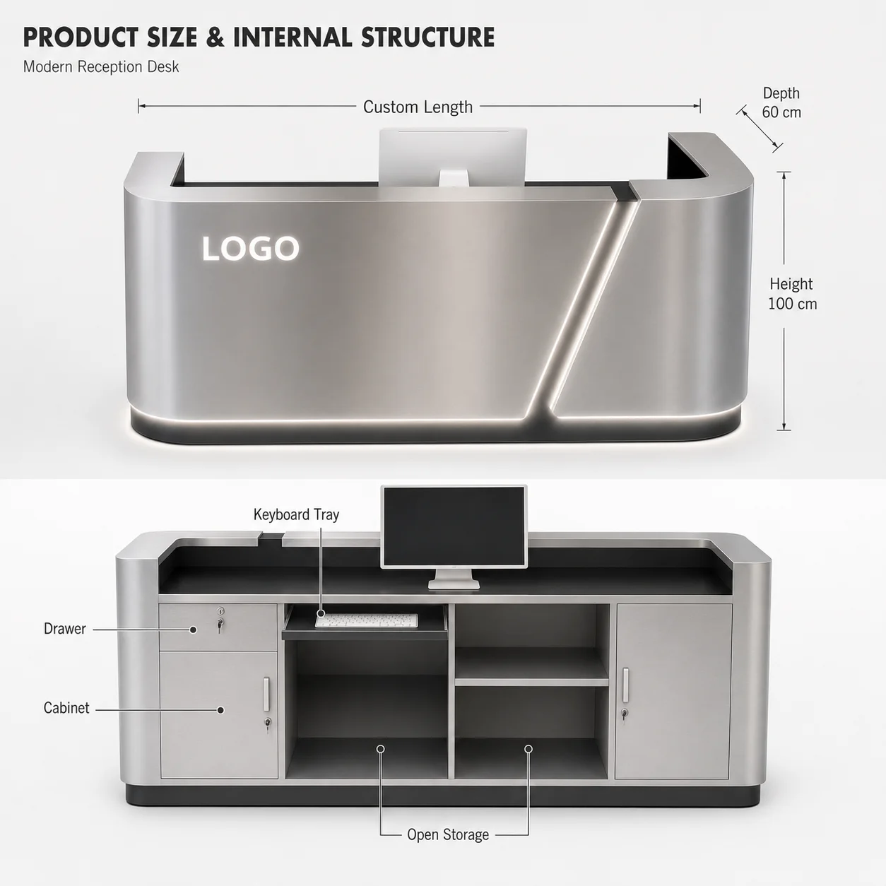 Brushed Stainless Steel Reception Desk Side Recessed LED Light Custom Embossed Logo Cashier Counter For Bar Trendy Boutique