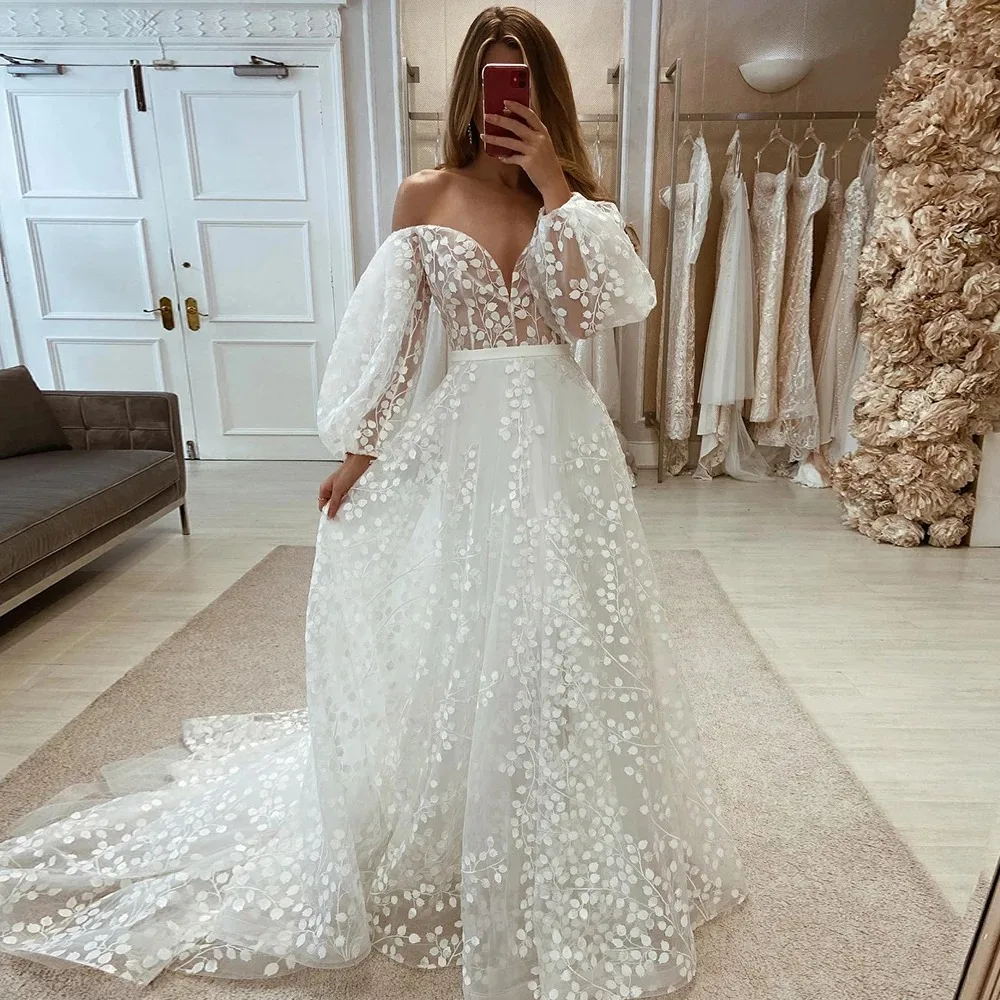 Long Wedding Dresses For Women 2024 V-Neck Off-Shoulder Sexy Wedding Gowns Ivory Boho Lace Elegant Bride Dress vestidos de novia