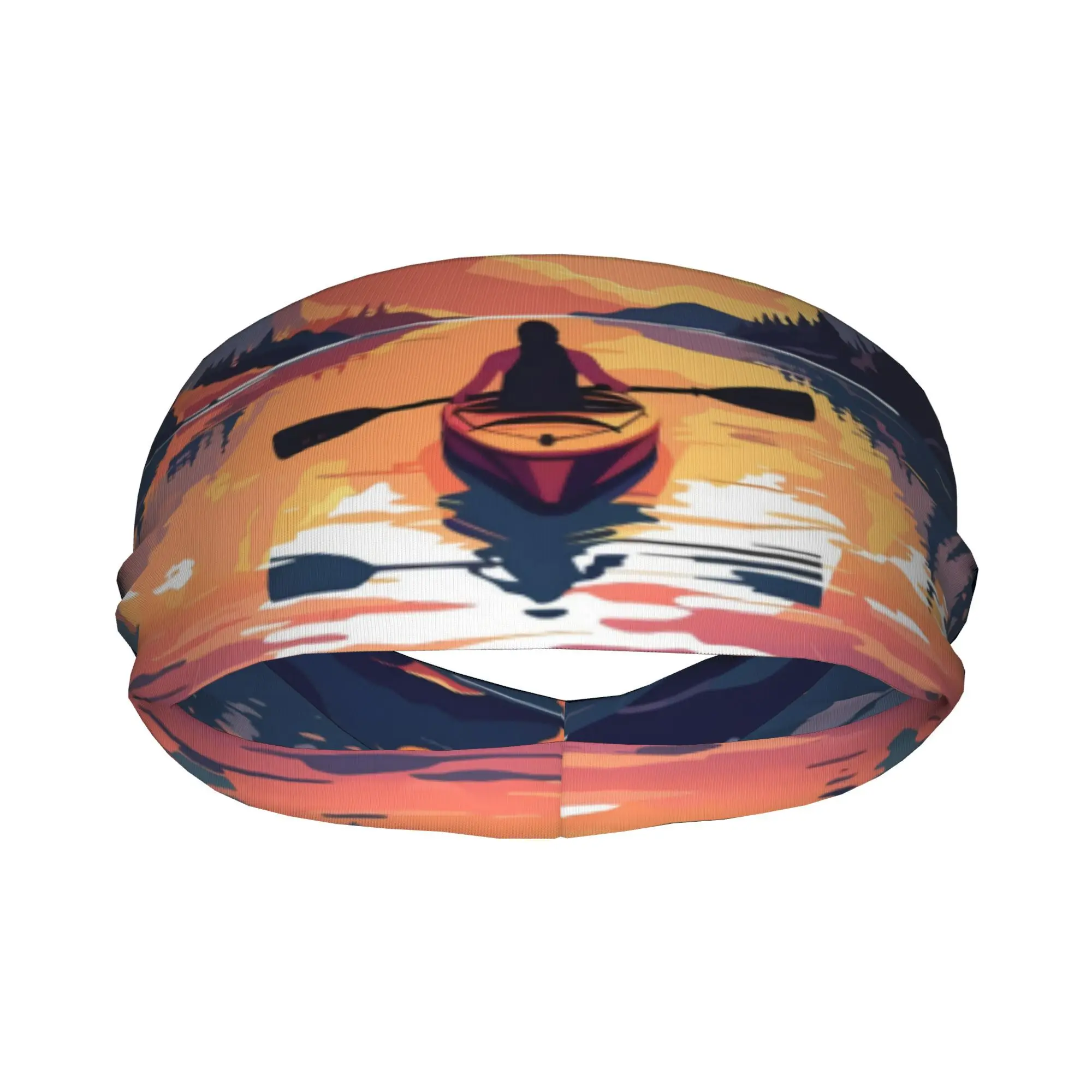 Kayak Sunset Print Headband Water Sports Adventure Pattern Sweatband Moisture Wicking Stretch Headwrap Running Yoga Use